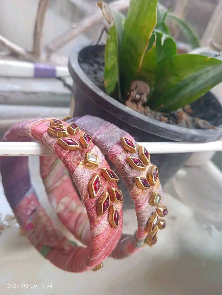 Vintage Style Fabric Bangle Set with Diamond Stones