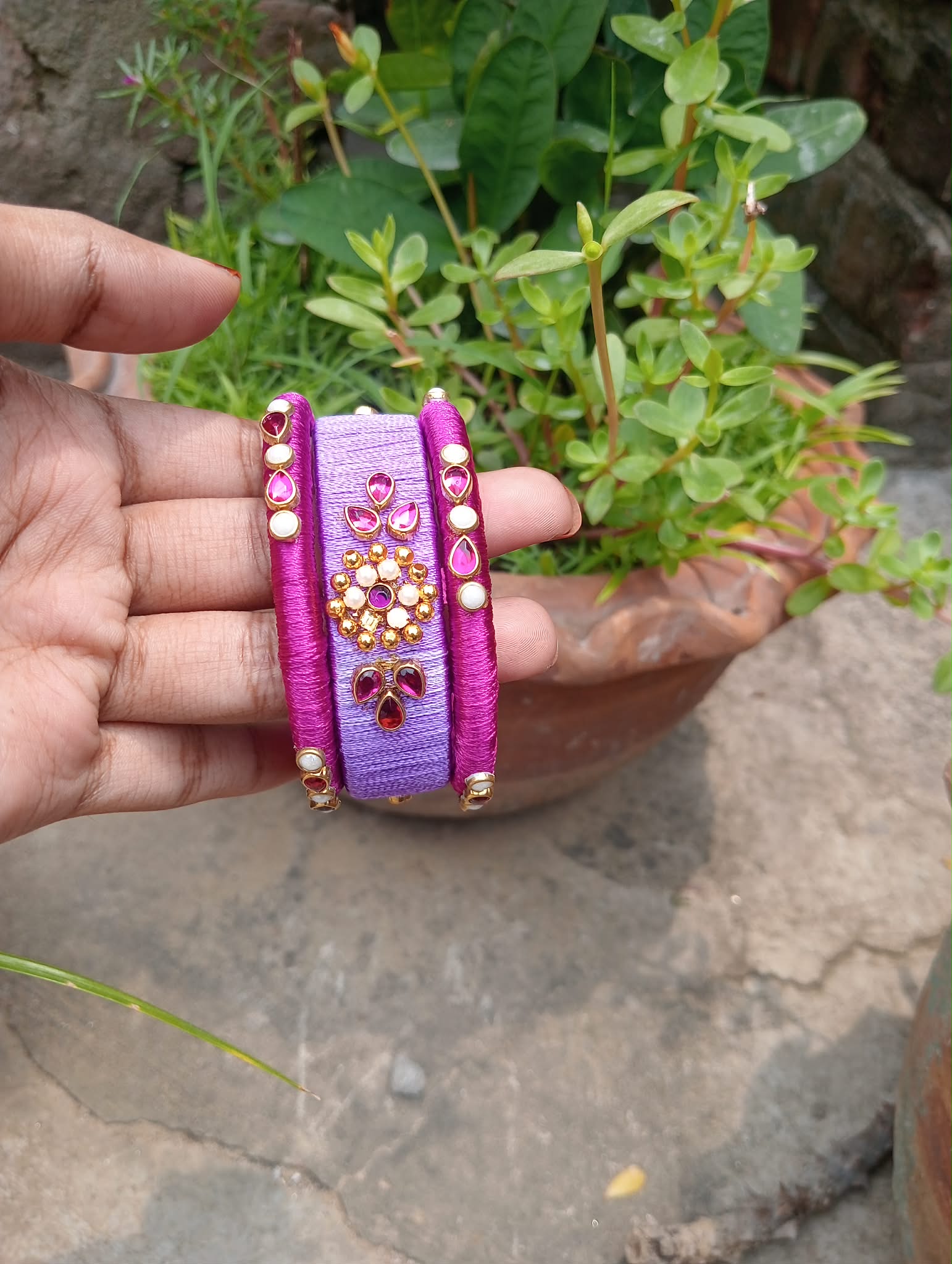 Handcrafted Purple & Magenta Raw Silk Bangle Set with Floral Kundan Centerpiece